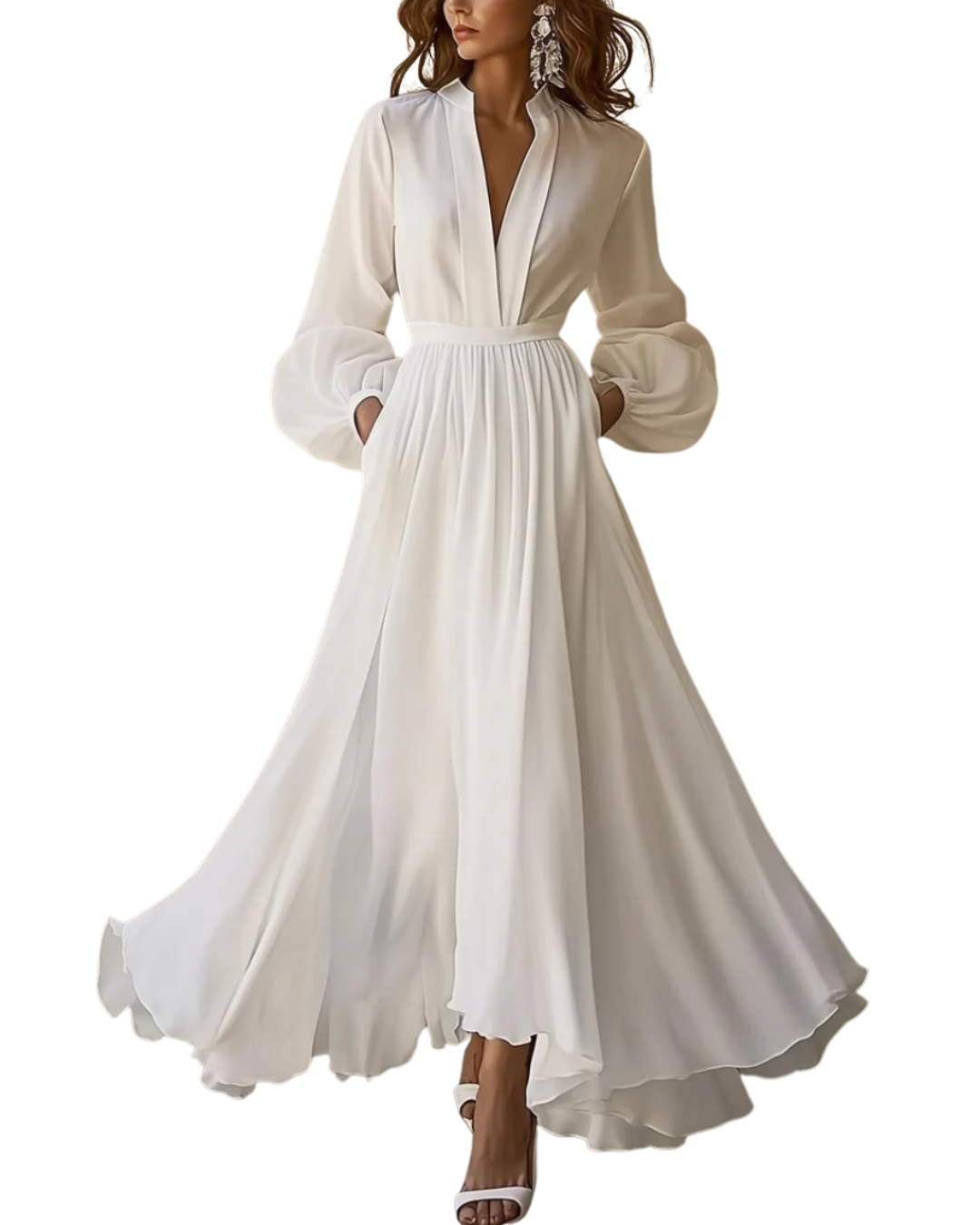 Faye | Vintage Plain White V-Neck Maxi Dress