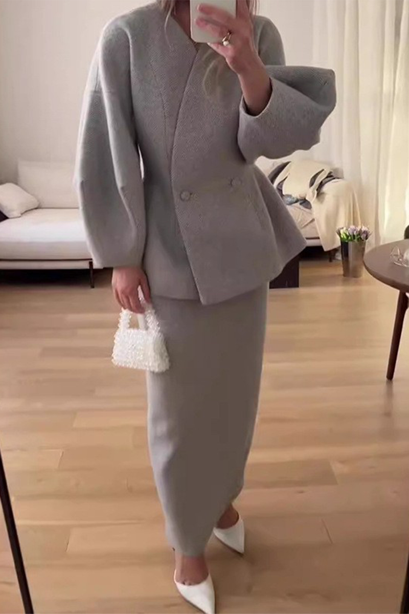 CALINA | ELEGANT BUTTONS V-NECK LONG SLEEVE TWO-PIECE SET