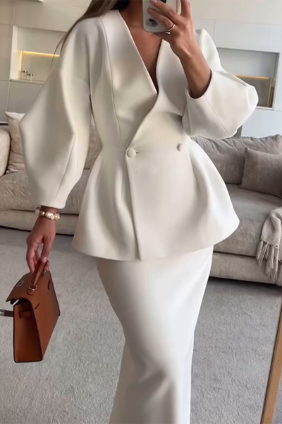 CALINA | ELEGANT BUTTONS V-NECK LONG SLEEVE TWO-PIECE SET