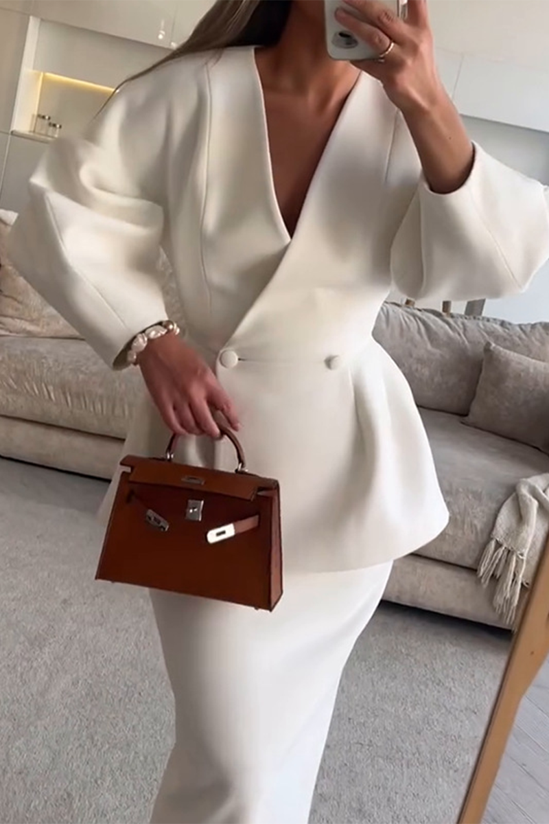 CALINA | ELEGANT BUTTONS V-NECK LONG SLEEVE TWO-PIECE SET