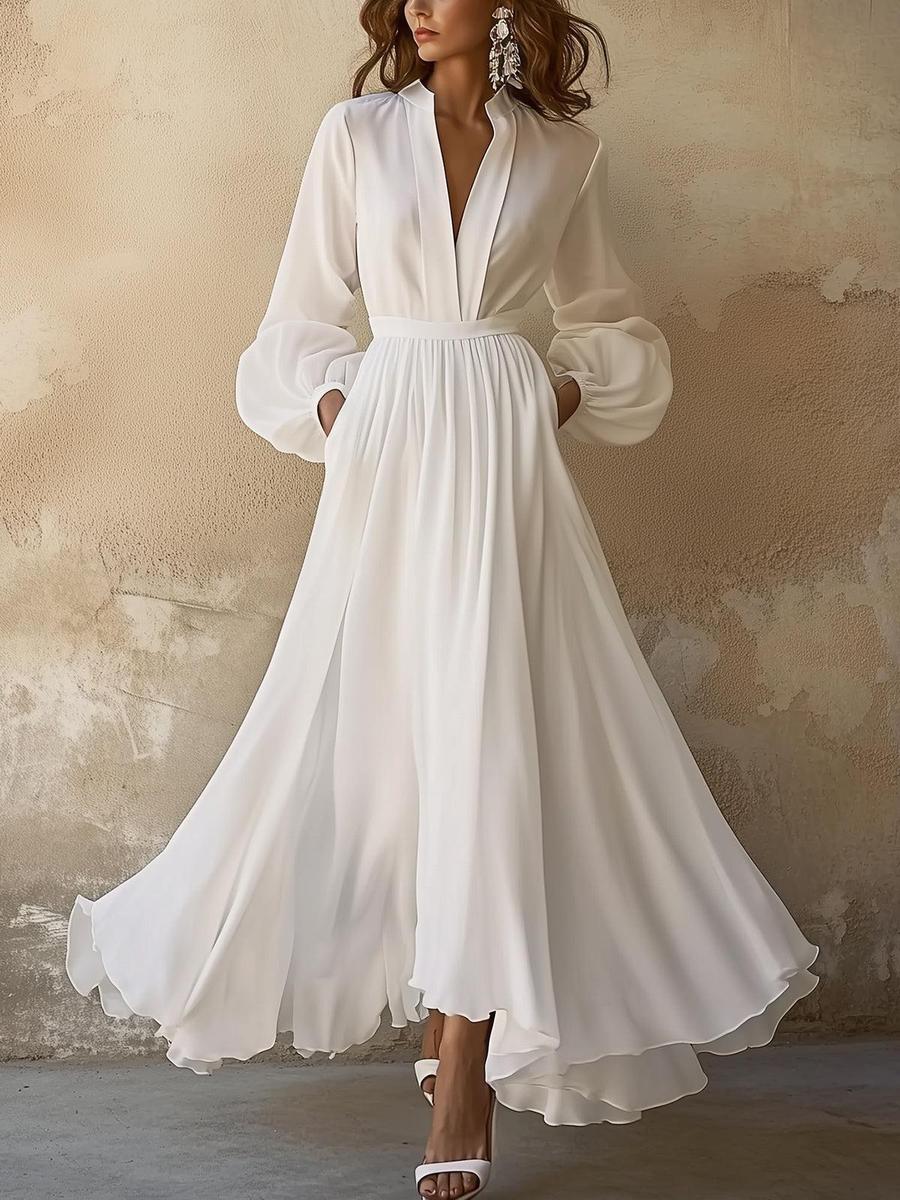 Faye | Vintage Plain White V-Neck Maxi Dress