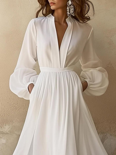 Faye | Vintage Plain White V-Neck Maxi Dress