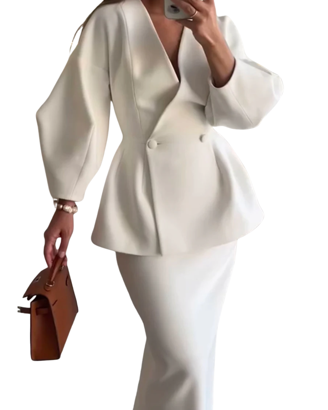 CALINA | ELEGANT BUTTONS V-NECK LONG SLEEVE TWO-PIECE SET