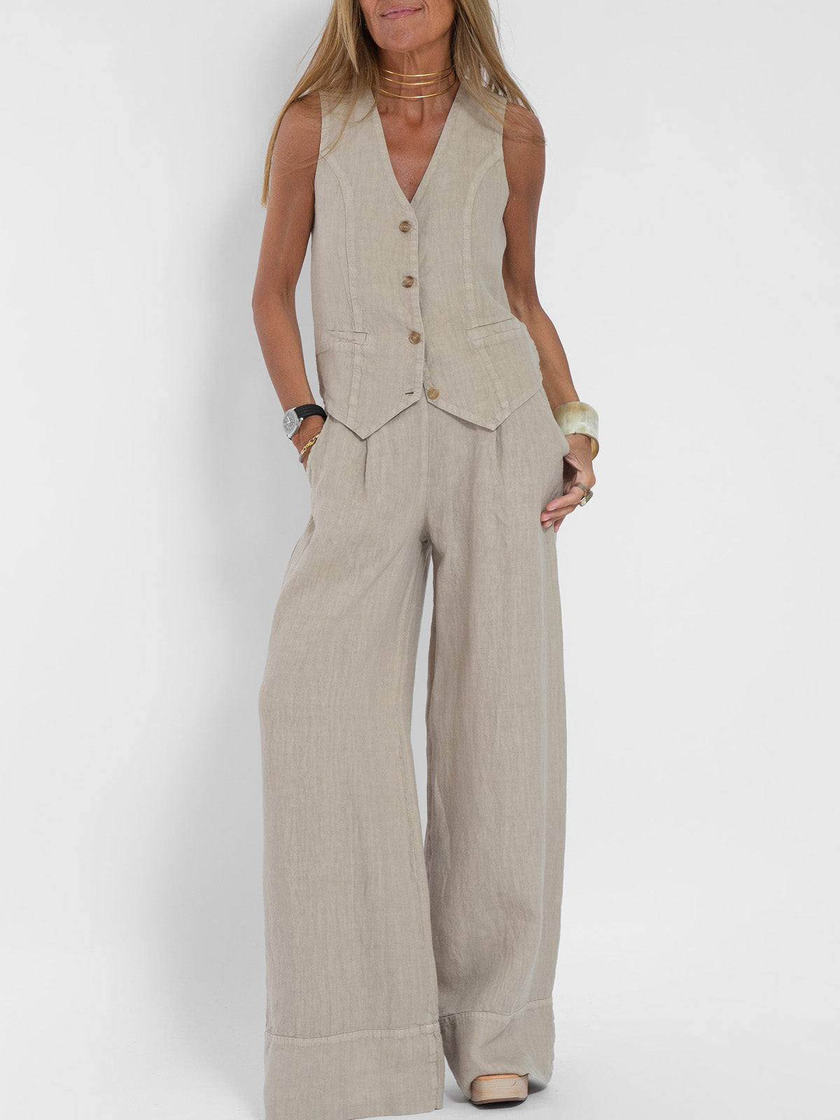 Jessica | Buttoned Vest & Wide-Leg Trousers Set