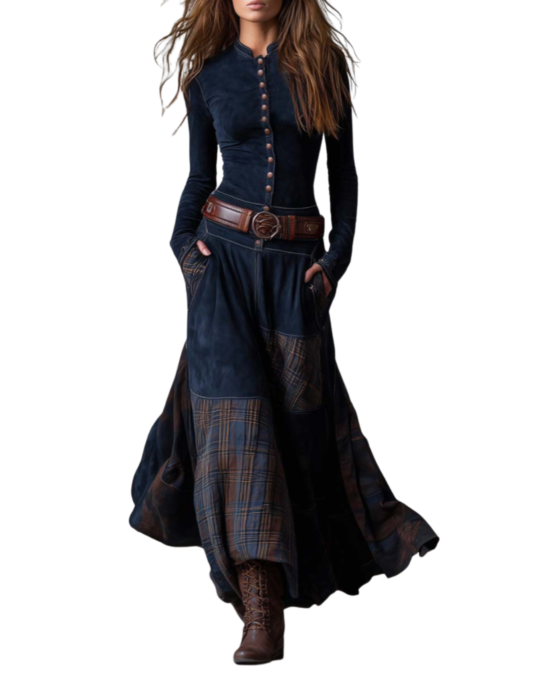 Helena | Navy blue suede maxi dress with belt