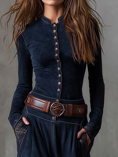 Helena | Navy blue suede maxi dress with belt