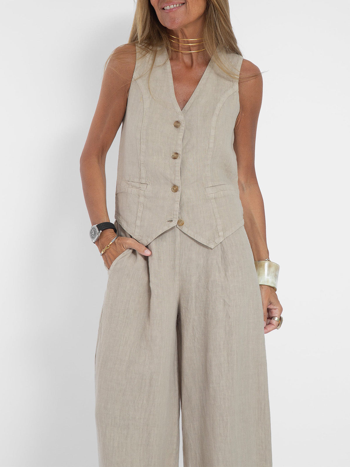Jessica | Buttoned Vest & Wide-Leg Trousers Set